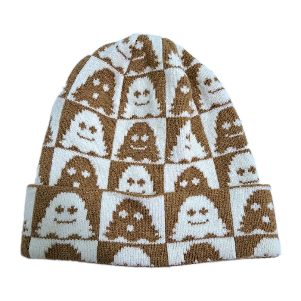 American Eagle Ghost Halloween Beanie Winter Knit Hat Brown White Spooky Ski